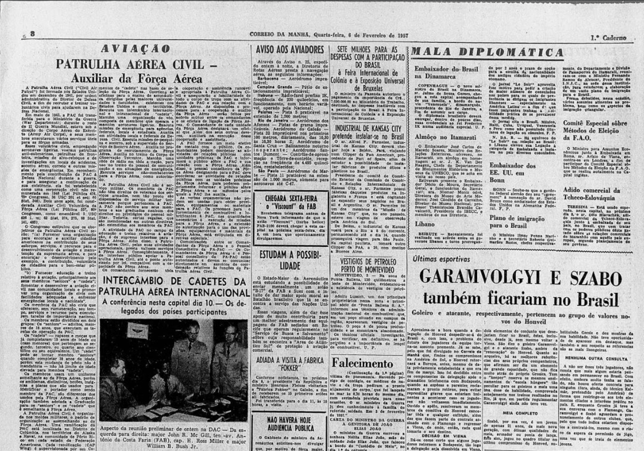 Página de jornal antigo, em preto e branco, trazendo no alto a manchete “Aviação – Patrulha Aérea Civil – Auxiliar da Força Aérea” acompanhada de longo texto em colunas.
